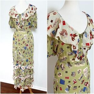 Vintage 90s Does 30s Green Novelty Print Cowboy Maxi Dress // Size Large